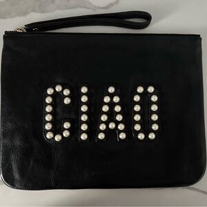 Rebecca Minkoff - CIAO - Faux Pearl Accent Studded Black Leather Wristlet Clutch